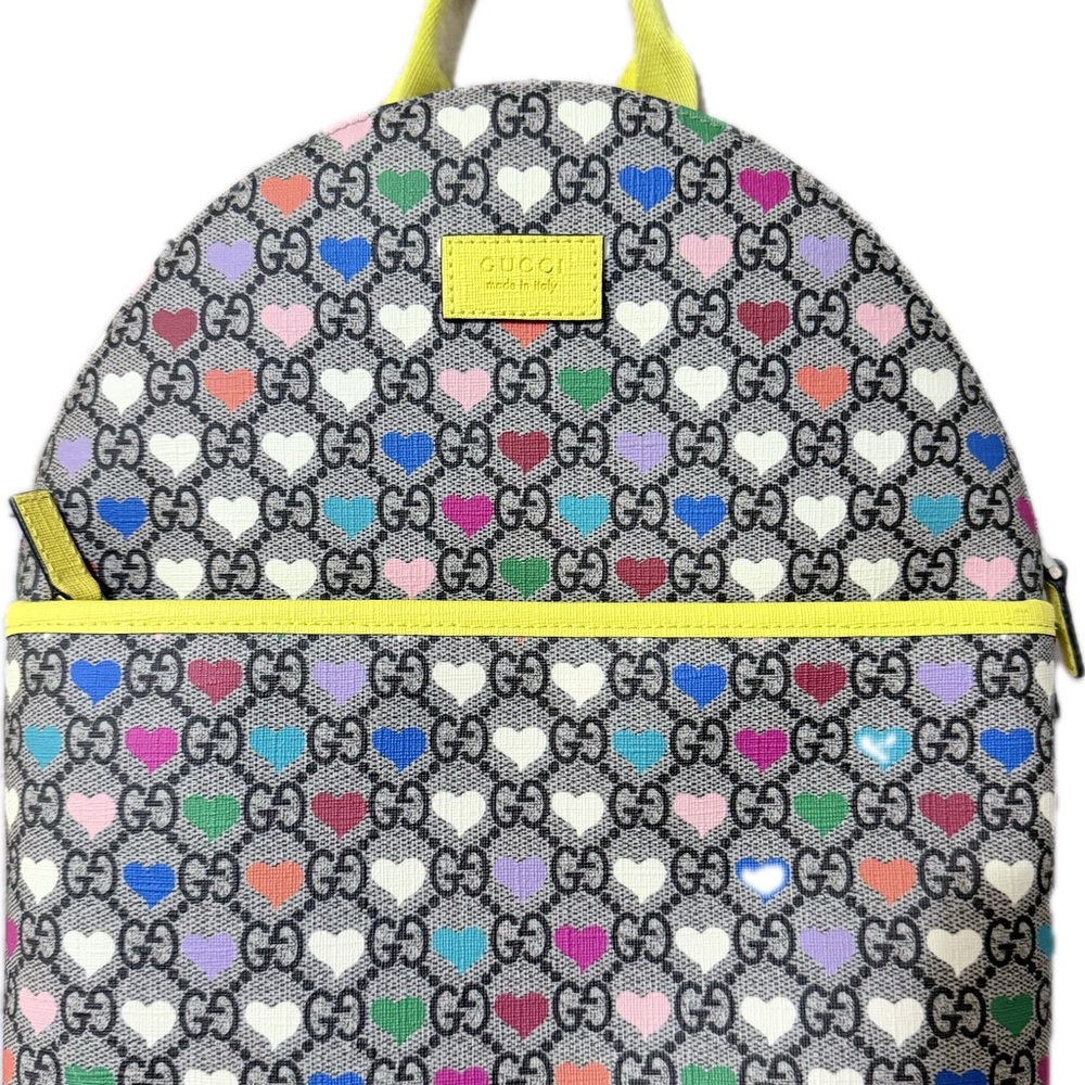 Gucci Multicolor Heart Print Backpack with Yellow Trim